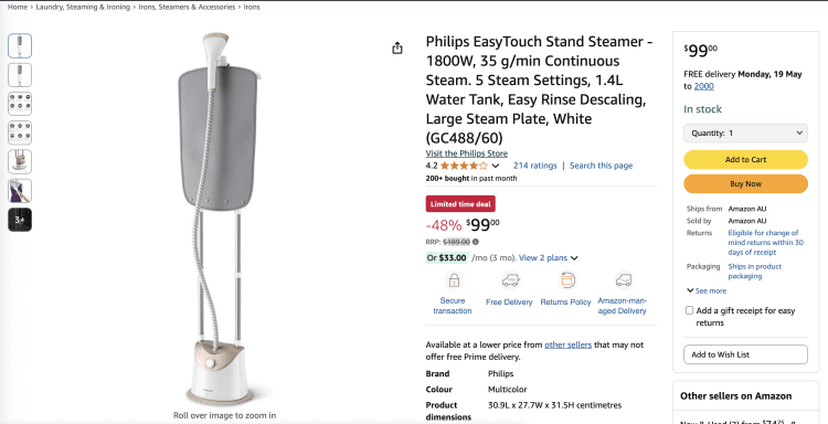 Amazon: Philips EasyTouch Stand Steamer- Was: $189.00, now $99.00